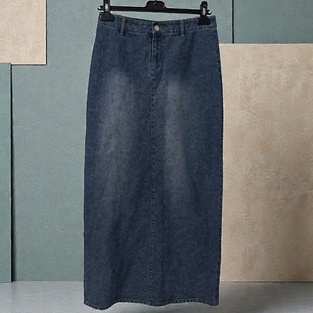 VINTAGE (4) Denim Maxi Skirt Smart Set Back Slit Slim Fitting - Picture 13 of 13